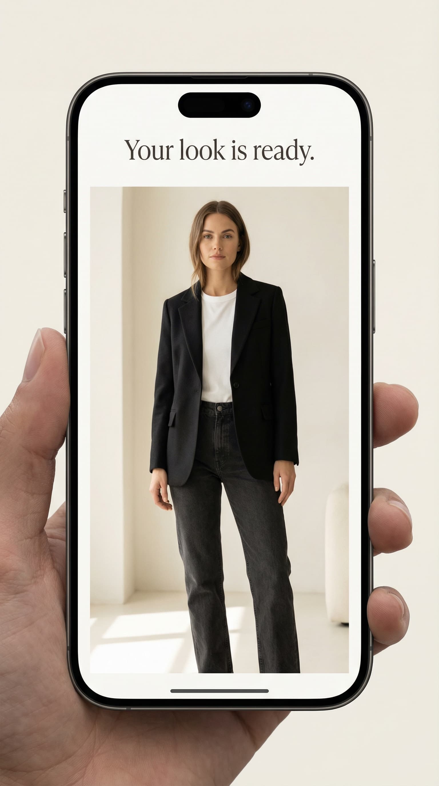 Vanity app showing a virtual try-on of a black blazer on iPhone